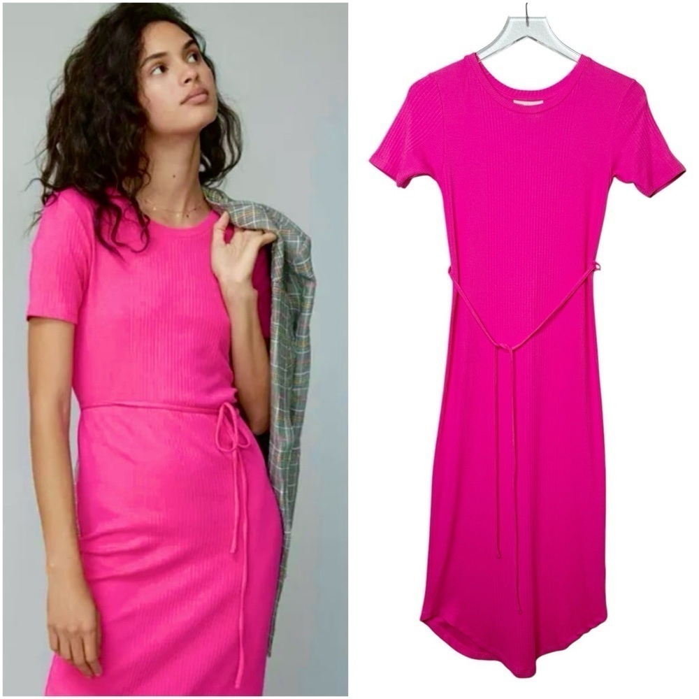Anthropologie Saturday Sunday Addy Ribbed Hot Pink Short Sleeve Midi Dress Sz XS